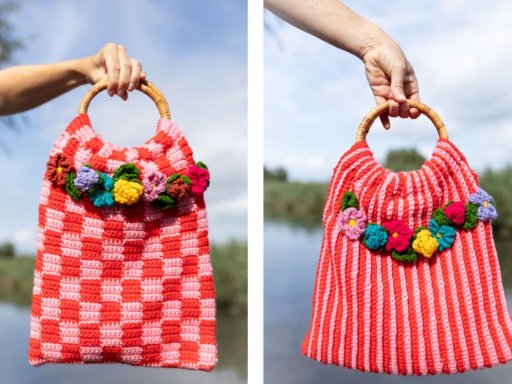 Durable Dream Bags gehaakte tas met rode en roze strepen en kleurrijke bloemen