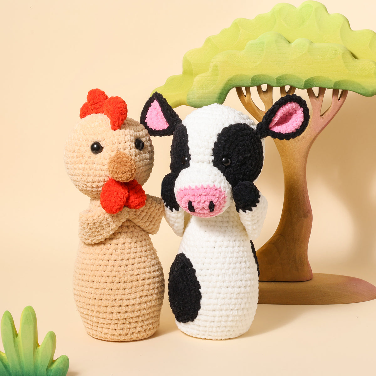 Detail van een gehaakt boerderijdier uit het YarnZoo Kegelspel
